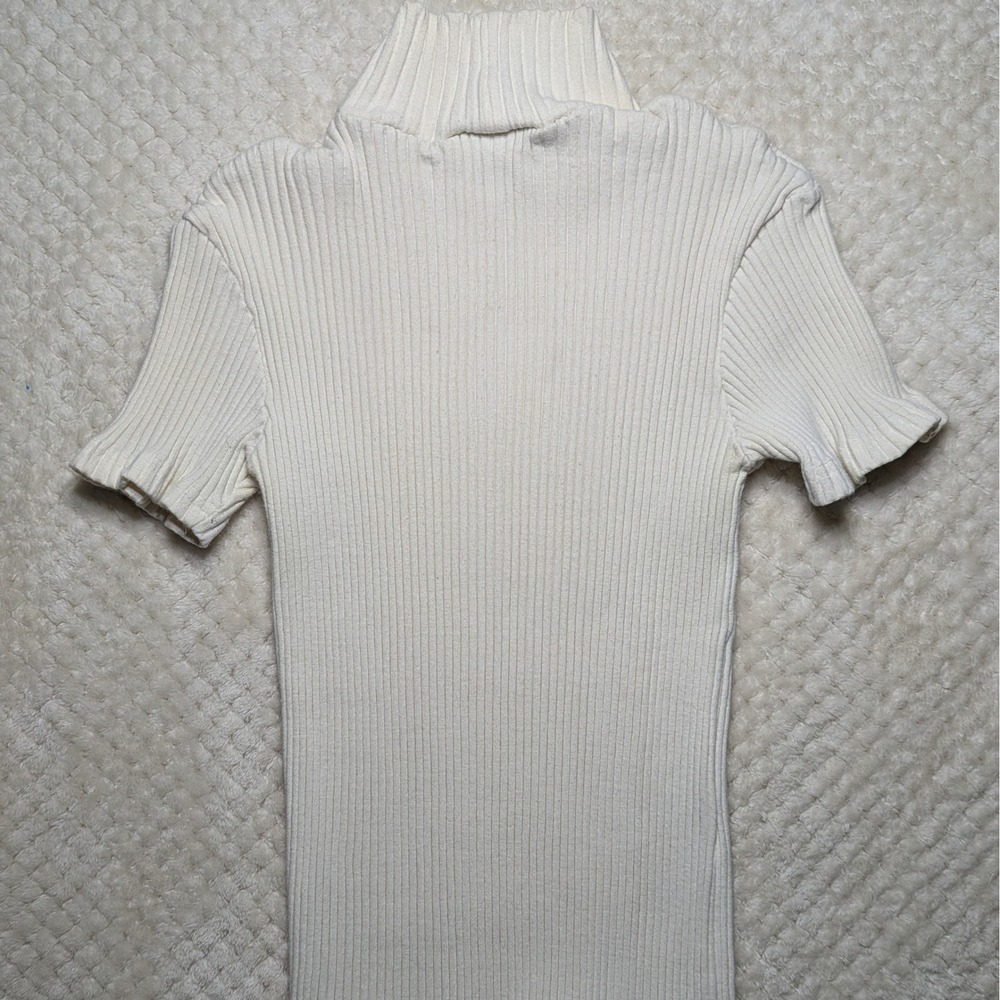 Vintage Express Tricot Cream Ribbed Mock Neck Top XS Fitted Minimal Quiet Luxury